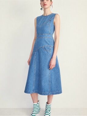 Orig $895 Christian Wijnants Seam Detail Light Blue Denim Midi Dress (Euro 38)
